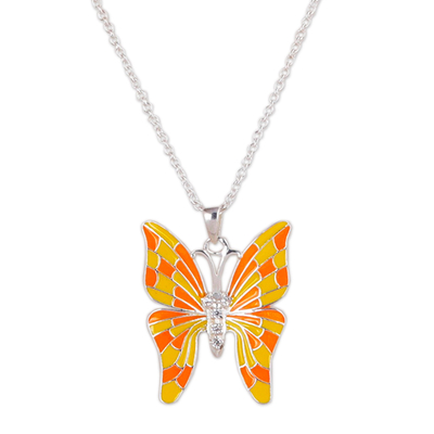 Sterling silver pendant necklace, 'Butterfly's Spring colours' - Yellow and Orange Sterling Silver Butterfly Pendant Necklace