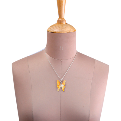 Collar colgante de plata esterlina - Collar con colgante de mariposa de plata de ley amarilla y naranja