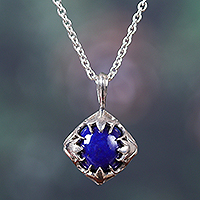 Collar con colgante de lapislázuli - Collar con colgante floral de plata de ley con lapislázuli