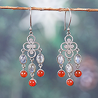 Labradorite and carnelian chandelier earrings, 'Ethereal Grandeur' - Natural Labradorite and Carnelian Chandelier Earrings
