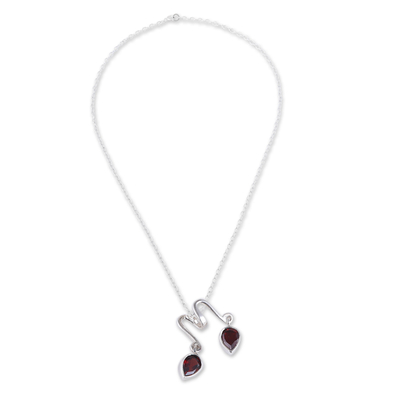 Garnet pendant necklace, 'Crimson Dreams' - Modern Sterling Silver Pendant Necklace with Garnet Stone