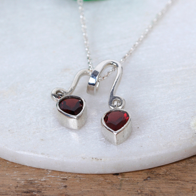 Garnet pendant necklace, 'Crimson Dreams' - Modern Sterling Silver Pendant Necklace with Garnet Stone