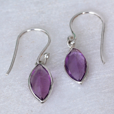 Amethyst dangle earrings, 'Lavender Beauty' - Polished Amethyst Sterling Silver Dangle Earrings from India
