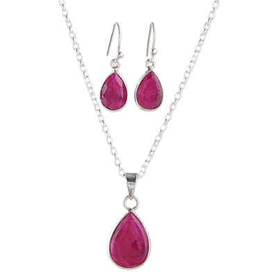 Ruby jewelry set, 'Blissful Ruby' - 18-Carat Faceted Ruby Necklace and Earrings Jewelry Set