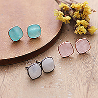 Gemstone stud earrings, 'Heavenly Feelings' (set of 3) - Polished Square-Shaped Gemstone Stud Earrings (Set of 3)