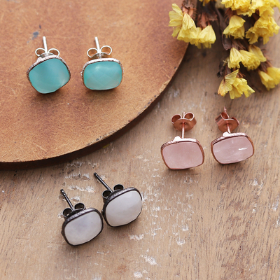 Gemstone stud earrings, 'Heavenly Feelings' (set of 3) - Polished Square-Shaped Gemstone Stud Earrings (Set of 3)