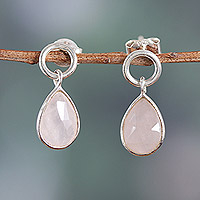 Rose quartz dangle earrings, 'Gentle Rain' - Four-Carat Rose Quartz and Sterling Silver Dangle Earrings