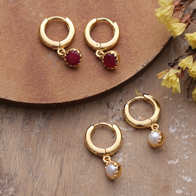 Gold-plated ruby and cultured pearl dangle earrings, 'Romance & Sea' (set of 2) - Set of 2 Gold-Plated Dangle Earrings with Ruby or Pearls