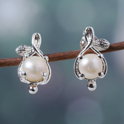 Cultured pearl button earrings, 'Delicate Innocence' - Polished Leafy Sterling Silver Button Earrings with Pearls