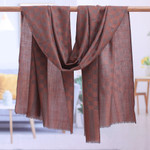 Wool shawl, 'Timeless Ginger' - Handloomed Checkered Striped Wool Shawl in Orange and Grey