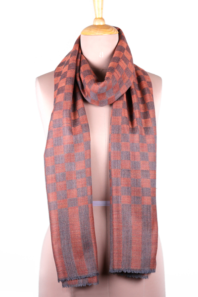 Wool shawl, 'Timeless Ginger' - Handloomed Checkered Striped Wool Shawl in Orange and Grey