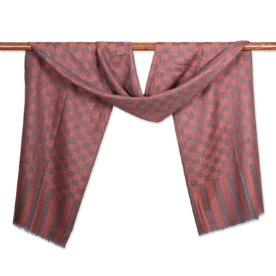 Wool shawl, 'Timeless Ginger' - Handloomed Checkered Striped Wool Shawl in Orange and Grey