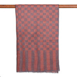 Wool shawl, 'Timeless Ginger' - Handloomed Checkered Striped Wool Shawl in Orange and Grey