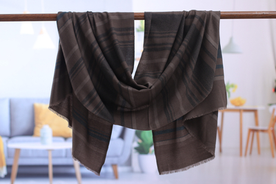 Wool shawl, 'Green Warmth' - Hand-Woven Striped Wool Shawl in Brown Green and Oat Hues
