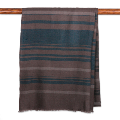 Wool shawl, 'Green Warmth' - Hand-Woven Striped Wool Shawl in Brown Green and Oat Hues