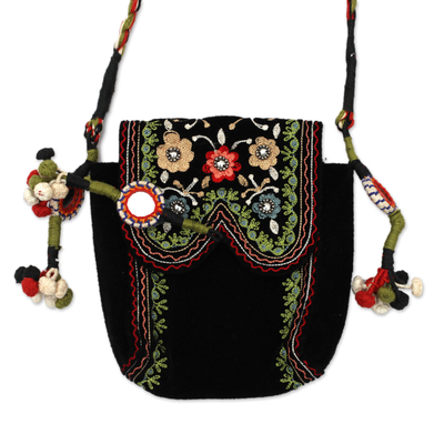 Embroidered sling, 'Dream Chaser' - Floral Embroidered Sling in a Black Hue with Mirror Accents