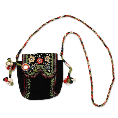 Embroidered sling, 'Dream Chaser' - Floral Embroidered Sling in a Black Hue with Mirror Accents