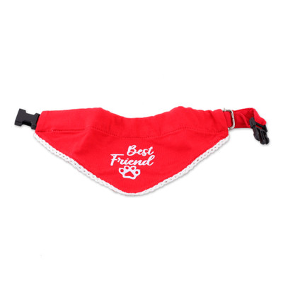 Cotton pet bandana, 'Best Friend' - Adjustable Cotton Pet Bandana in Red & White with Lace Trim