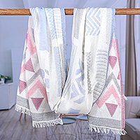 Cotton shawl, 'Carmine Opulence' - Handloomed Geometric Cotton Shawl in Carmine and Mauve Hues
