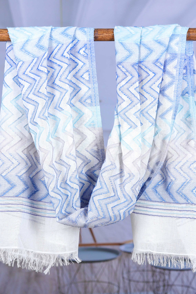 Cotton shawl, 'Iris Tide' - Chevron-Patterned Handwoven Iris and Periwinkle Cotton Shawl
