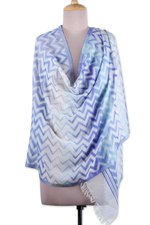 Cotton shawl, 'Iris Tide' - Chevron-Patterned Handwoven Iris and Periwinkle Cotton Shawl