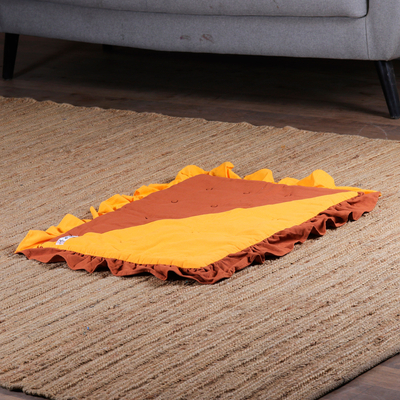 Cotton pet blanket, 'Marigold Buttons' - Orange and Marigold Cotton Pet Blanket with Ruffle Edges