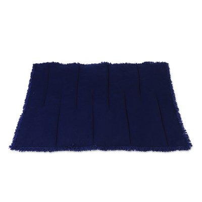 Cotton pet blanket, 'Cozy Azure' - Azure Cotton Pet Blanket with Fringes from India