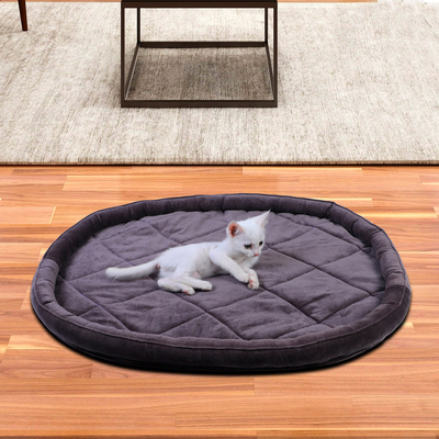 Quilted pet bed, 'Oval Comfort' - Oval Grey Faux Velvet Quilted Pet Bed from India