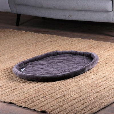 Quilted pet bed, 'Oval Comfort' - Oval Grey Faux Velvet Quilted Pet Bed from India