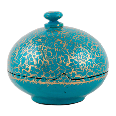 Wood and papier mache decorative box, 'Turquoise Magic' - Wood and Papier Mache Decorative Box in Turquoise and Gold