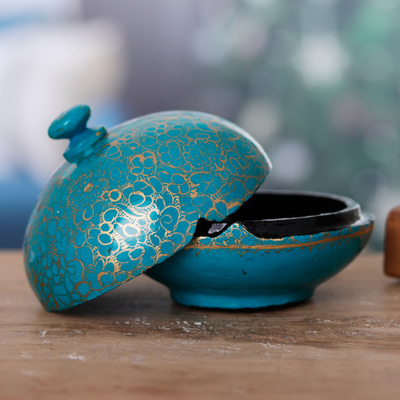 Wood and papier mache decorative box, 'Turquoise Magic' - Wood and Papier Mache Decorative Box in Turquoise and Gold