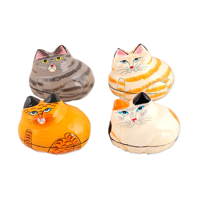 Cajas decorativas de papel maché lacado, (juego de 4) - 4 cajas decorativas gatos de papel maché lacados y pintados a mano