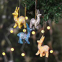 Papier mache ornaments, 'Celebration Reindeer' (set of 4) - Set of 4 Handmade Snowflake Reindeer Papier Mache Ornaments