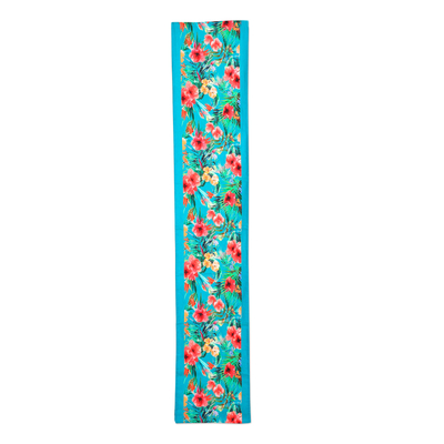Cotton table runner, 'Floral Greetings' - Turquoise Blue Cotton Table Runner with Floral Pattern