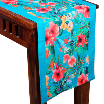 Camino de mesa de algodón - Camino de mesa de algodón azul turquesa con estampado floral