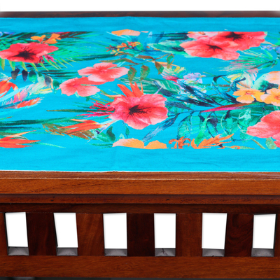 Cotton table runner, 'Floral Greetings' - Turquoise Blue Cotton Table Runner with Floral Pattern