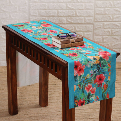 Camino de mesa de algodón - Camino de mesa de algodón azul turquesa con estampado floral