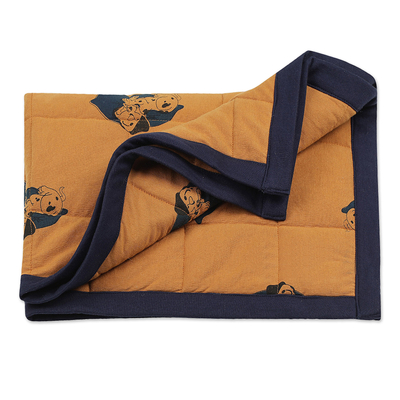 Cotton pet blanket, 'Honey Nap' - Dog-Themed Printed Cotton Pet Blanket in Honey and Navy