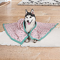 Printed pet blanket, 'Blush Dreams' - Printed Pet Blanket in Blush with Turquoise Cotton Piping