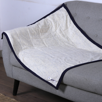Cotton-accented pet blanket, 'Dreamy Midnight' - Ivory and Azure Pet Blanket with Midnight Piping from India