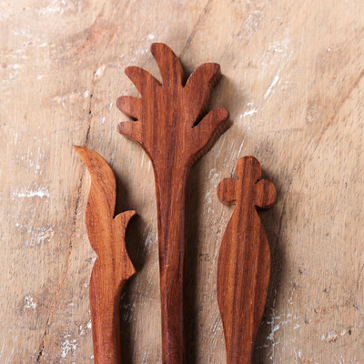 Horquillas de madera, (juego de 3) - Juego de 3 horquillas de madera de mango marrón natural frondoso talladas a mano
