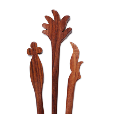 Horquillas de madera, (juego de 3) - Juego de 3 horquillas de madera de mango marrón natural frondoso talladas a mano