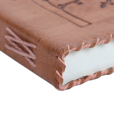 Embossed leather journal, 'Tree of Vitality' - Tree-Themed Embossed Beige Leather Journal with 95 Pages