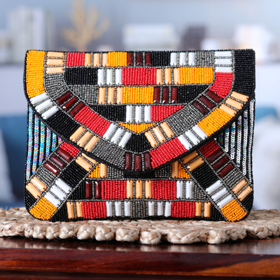 Hand-beaded clutch, 'India's Glamour' - Handcrafted Geometric Beaded Clutch in Vibrant Hues