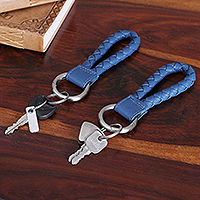 Leather key fobs, 'Azure Duo' (pair) - Handcrafted Braided Azure Leather Key Fobs (Pair)
