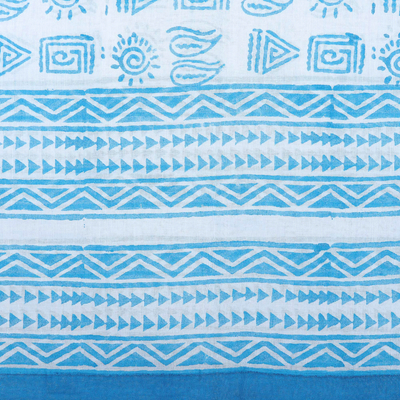 Block-printed cotton scarf, 'Teal Mosaic' - Block-Printed Teal Cotton Scarf with White Tassels