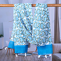 Bufanda de algodón con estampado block - Bufanda de algodón con estampado de bloques y estampado de cachemira azul