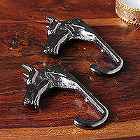 Brass wall hooks, 'Regal Horse' (pair) - Antiqued Finished Horse-Shaped Brass Wall Hooks from India