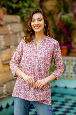 Block-printed cotton tunic, 'Dulcet Spring' - Block-Printed Floral Pink and Red Cotton Tunic from India
