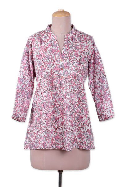 Block-printed cotton tunic, 'Dulcet Spring' - Block-Printed Floral Pink and Red Cotton Tunic from India